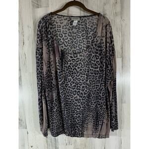 Chicos Travelers Blouse Size 2 or Large Gray Leopard Print Scoop Slinky Stretchy